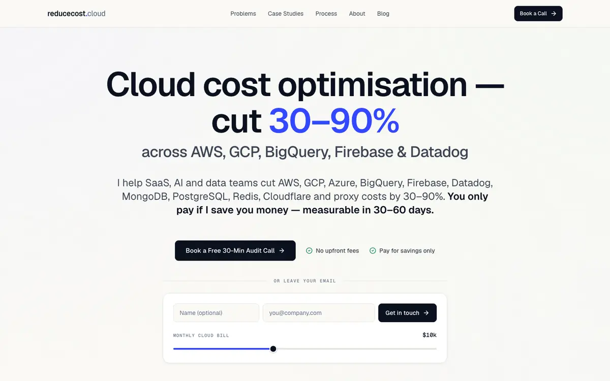 reducecost.cloud homepage: cloud cost optimisation, cut 30 to 90 percent